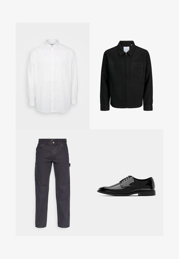 Crna jakna na zip s ovratnikom i jednim džepom na prsima, prikazana na bijeloj pozadini.; Bijela košulja dugih rukava od lagane lanene tkanine, s kragnom na gumb, prednjim gumbima i opuštenim krojem s manžetama.; Tamno sivi cargo hlače od izdržljivog materijala, s ravnim krojem, pet džepova i kopčanjem na dugme u struku.; Crne lakirane kožne cipele s okruglim vrhom, s vezicama i glatkom, sjajnom površinom. Imaju nisku gumenu potplat.