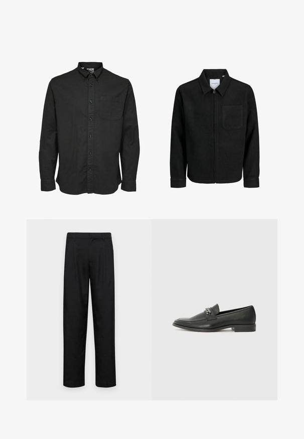 Čierna zipsová bunda s golierom a jednou náprsníkou, vystavená na bielom pozadí.; Čierna košeľa s dlhým rukávom na gombíky z bavlnenej tkaniny, s klasikcým golierom, prednou vreckom a zladenými čiernymi gombíkmi.; Čierne nohavice vyrobené z hladkej tkaniny, s rovnými nohavicami, dvoma prednými skladmi a štandardným pásom s pútkami na opasok.; Čierne kožené loafers s hladkým povrchom, s prešitým dizajnom a dekoratívnym kovovým reťazovým akcentom cez priehlavok. Plochý podpätok.
