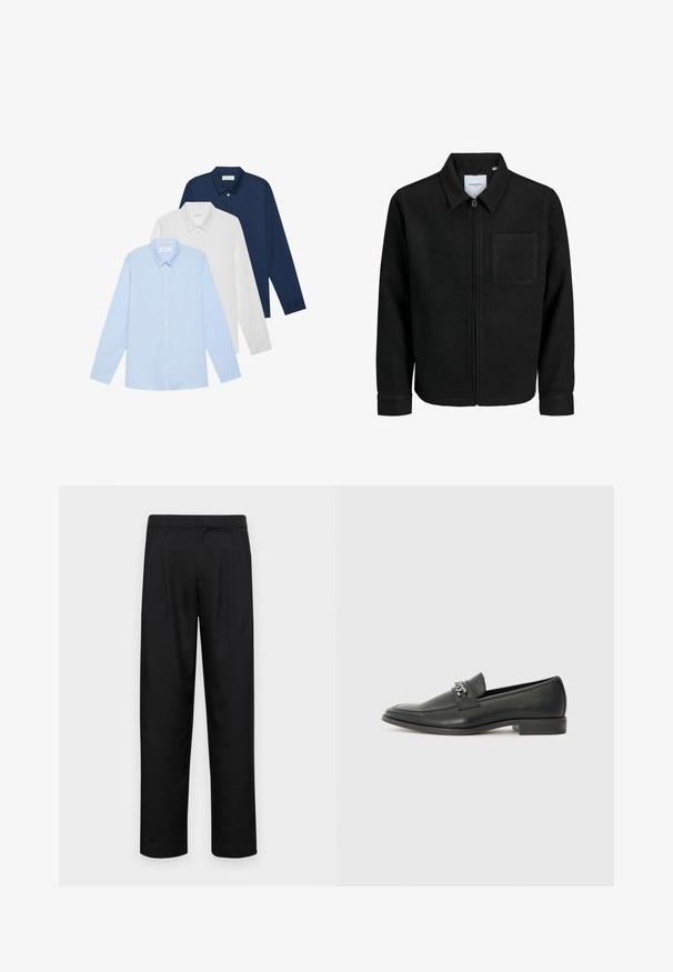 Mustaga lukuga jakker, millel on krae ja üks rinna-tasku, esitatud valgel taustal.; Kolm pika varrukaga särk: helesinine, valge ja tumesinine. Kõigil on klassikaline krae ja nööbid, valmistatud siledast kangast.; Mustad mustadest riietest, millel on sirge jalgade disain, kaks eesmist voltimist ja tavaline vöökoht, millel on vöökohad.; Must haveate nahkking punased, millel on sile viimistlus, tikitud muster ja dekoratiivne metallkett vampi üle. Tasane konts.