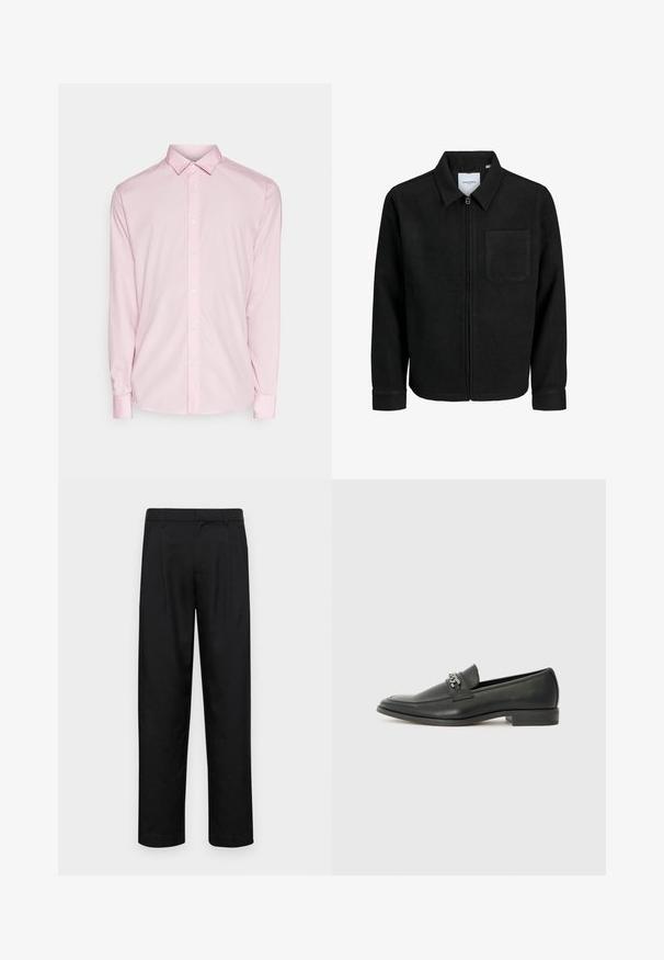 Jachetă neagră cu fermoar, cu guler și un singur buzunar pe piept, expusă pe fundal alb.; Cămașă lungă cu mâneci în nuanță de roz deschis, cu guler tip button-down, nasturi pe față și manșete. Textura netedă a țesăturii cu un design clasic.; Pantaloni negri dintr-un material neted, cu un design drept, două pliuri frontale și un tiv standard cu bucle pentru curea.; Pantofii negri din piele cu un finisaj neted, având un design cusut și un accent decorativ de lanț metalic peste partea de sus. Toc plat.