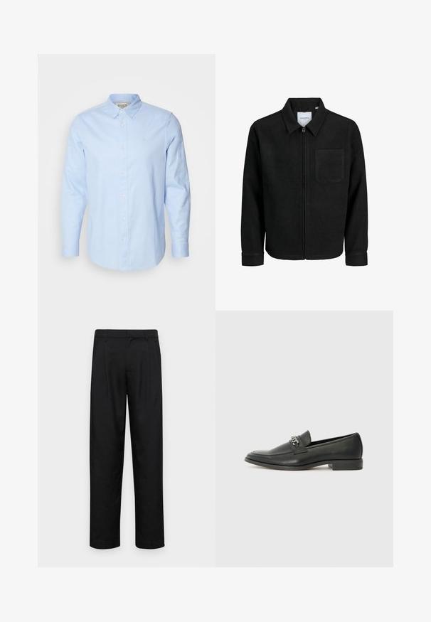 Schwarze Zip-Jacke mit Kragen und einer einzelnen Brusttasche, auf weißem Hintergrund präsentiert.; Himmelblaues Langarm-Hemd mit Knopfleiste, Button-Down-Kragen, weißen Knöpfen und subtil gesticktem Logo auf der linken Brust.; Schwarze Hose aus glattem Stoff, mit geradem Bein Design, zwei vorderen Falten und einem Standardbund mit Gürtelschlaufen.; Schwarzer Lederloafer mit glatter Oberfläche, ausgestattet mit einer gesteppten Gestaltung und einem dekorativen Metallkettendetail über dem Vorderblatt. Flacher Absatz.