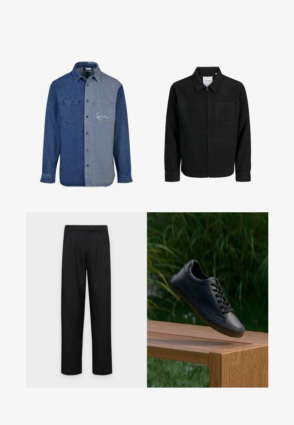Mustaga lukuga jakker, millel on krae ja üks rinna-tasku, esitatud valgel taustal.; Denim särgil on tumeda sinise tooni üks külg ja heleda sinise triibuline teine külg, rinnakotis ja logo tikandiga.; Mustad mustadest riietest, millel on sirge jalgade disain, kaks eesmist voltimist ja tavaline vöökoht, millel on vöökohad.; Must have musta sneakers sile nahka, sujuva tekstuuriga, ümmargune varvas ja lamedad paelad, asetatud puidust pinnale koos rohelise rohuga taustal.