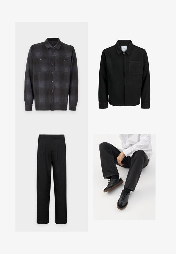 Giacca nera con zip, colletto e una tasca sul petto, mostrata su sfondo bianco.; Camicia button-up a maniche lunghe con un motivo a quadri neri e grigi scuri, dotata di due tasche sul petto e colletto standard. Tessuto di texture liscia.; Pantaloni neri realizzati in tessuto liscio, caratterizzati da un taglio dritto, due pieghe frontali e una vita standard con passanti per la cintura.; Sneaker nere con una tomaia liscia e testurizzata, con suola in gomma e lacci scuri. Abbinati a jeans neri e una camicia bianca a righe.