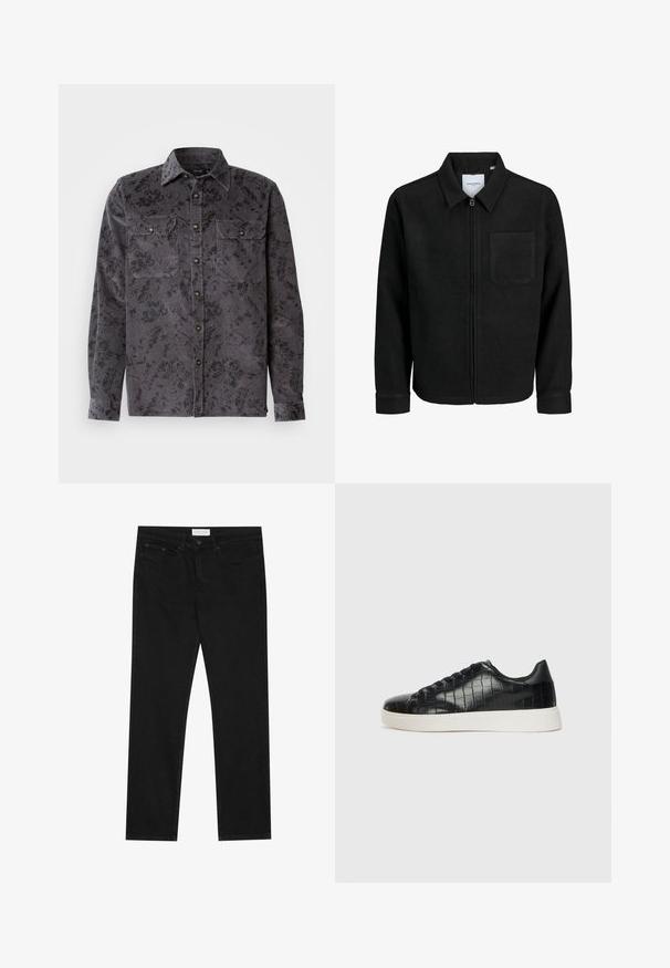 Mustaga lukuga jakker, millel on krae ja üks rinna-tasku, esitatud valgel taustal.; Hallhalli halli särk mustade lilledega, kahe rinnatasku, terava krae ja metallnuppudega. Tekstuuriga kangas, millel on vertikaalsed sooned.; Mustad mustad jalad, viie taskuga disain, nööbiga ja lukuga kinnine, ning Pier One brändi silt vööl.; Mustad mustad mustad kroko-reljeefiga nahast ülemine osa, ümar varvas ja kontrastne valge kummitald, millel on sile viimistlus.