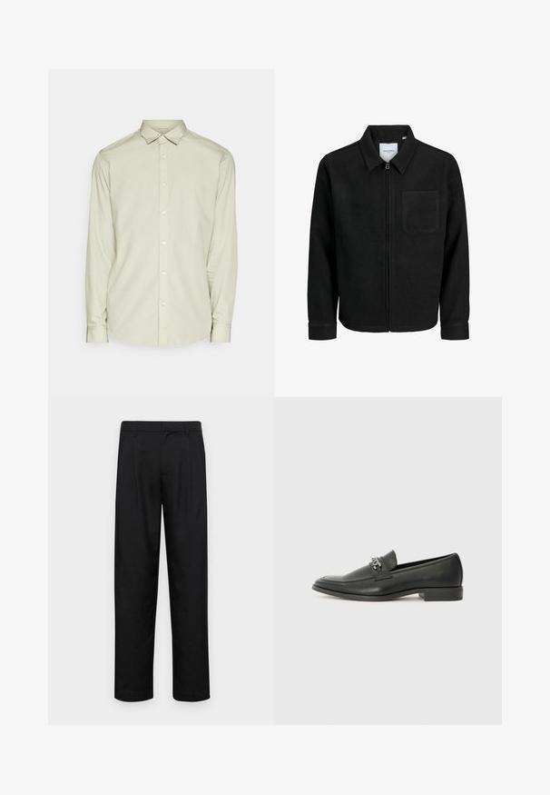 Fekete, zipzáros dzseki gallérral és egyetlen mellzsebbel, fehér háttéren.; Fényzöld, hosszú ujjú ing, sima anyagból készült. Gombos gallérral, elöl gombokkal és lekerekített aljjal rendelkezik. Egyszerű dizájn, minta nélkül.; Fekete nadrág sima anyagból, egyenes szárú fazonnal, két elülső redővel és közönséges derékkal, övhurkokkal.; Fekete bőr loaferek sima felülettel, varrott mintával és díszítő fém lánccal a cipő elején. Lapos sarok.