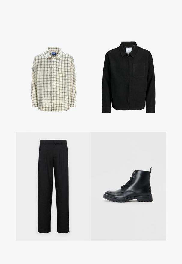 Zwarte zip-up jas met kraag en enkele borstzak, weergegeven op een witte achtergrond.; Lange mouw overhemd in crème met een zwart roosterpatroon. Gemaakt van lichte stof, met een kraag en lange mouwen.; Zwarte broeken van gladde stof, met een recht model, twee voorknikken en een standaard tailleband met riemlussen.; Zwarte leren enkelboots met een ronde neus, veters aan de voorkant en gestikte details. Voorzien van een lus aan de achterkant en een gestructureerde rubberen zool.