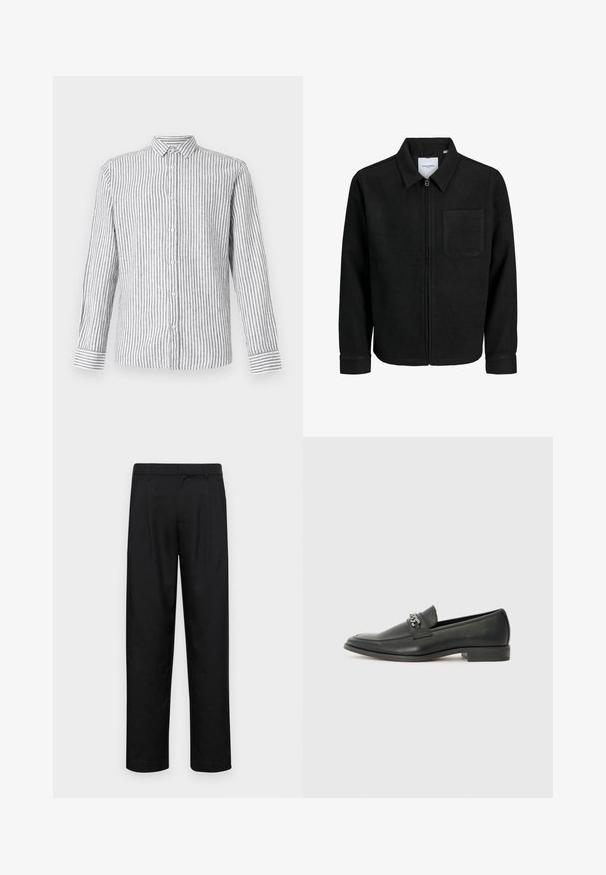 Chaqueta negra con cremallera y cuello, con un solo bolsillo en el pecho, expuesta sobre un fondo blanco.; Camisa de manga larga de botón en gris claro con rayas verticales blancas. Presenta un cuello clásico y puños con un patrón a rayas.; Pantalones negros de tela suave, con un diseño de pierna recta, dos pliegues frontales y una cintura estándar con trabillas para el cinturón.; Mocasín de cuero negro con un acabado suave, que cuenta con un diseño de costura y un acento decorativo de cadena de metal en el empeine. Tacón plano.