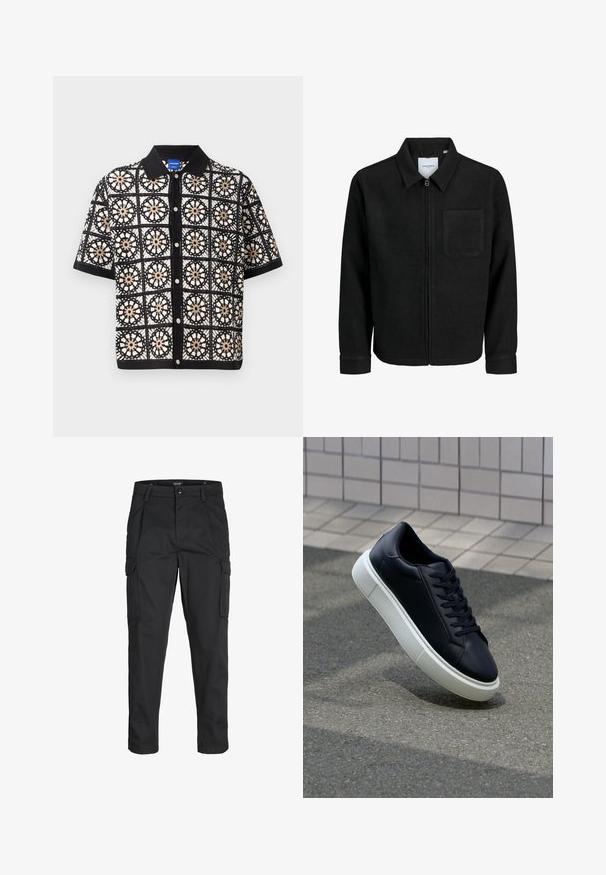 Sort lynlåsjakke med krave og en enkelt brystlomme, vist på hvid baggrund.; Kortærmet sort skjorte med indviklede hvide og beige blomster-crochet mønstre, med knaplukning foran og flad krave.; Sorte cargo-bukser lavet af slidstærkt stof, der har flere lommer, en knaplukning og et slim fit design med smalle ben.; Sort lædersneaker med rund tå og hvid gummisål. Har flade snørebånd og minimal syning på overdelen. Tekstureret sål for bedre greb.