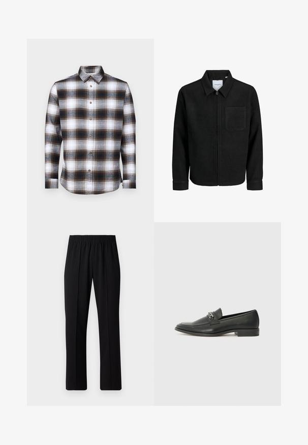Čierna zipsová bunda s golierom a jednou náprsníkou, vystavená na bielom pozadí.; Dlhý rukáv, károvaná košeľa s hnedou, čiernou a bielou farbou, s golierom na gombíky a hnedými gombíkmi na mäkkej látke.; Čierne nohavice s elastickým pásom a rovnými nohavicami, majú hladkú textúru a žiadne viditeľné vzory ani kovové doplnky.; Čierne kožené loafers s hladkým povrchom, s prešitým dizajnom a dekoratívnym kovovým reťazovým akcentom cez priehlavok. Plochý podpätok.