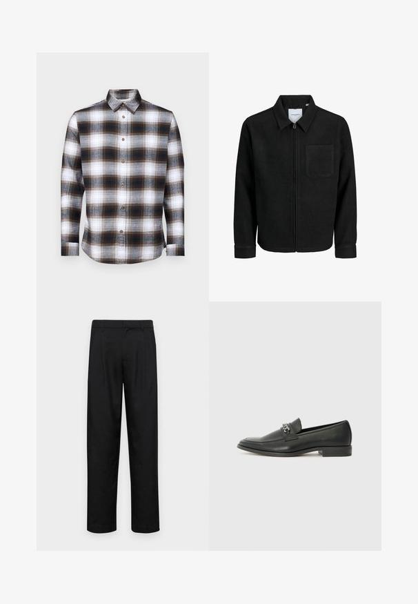 Jachetă neagră cu fermoar, cu guler și un singur buzunar pe piept, expusă pe fundal alb.; Cămașă cu mâneci lungi, în carouri, având culori maro, negru și alb, cu guler butonat și nasturi maronii, fabricată dintr-un material moale.; Pantaloni negri dintr-un material neted, cu un design drept, două pliuri frontale și un tiv standard cu bucle pentru curea.; Pantofii negri din piele cu un finisaj neted, având un design cusut și un accent decorativ de lanț metalic peste partea de sus. Toc plat.