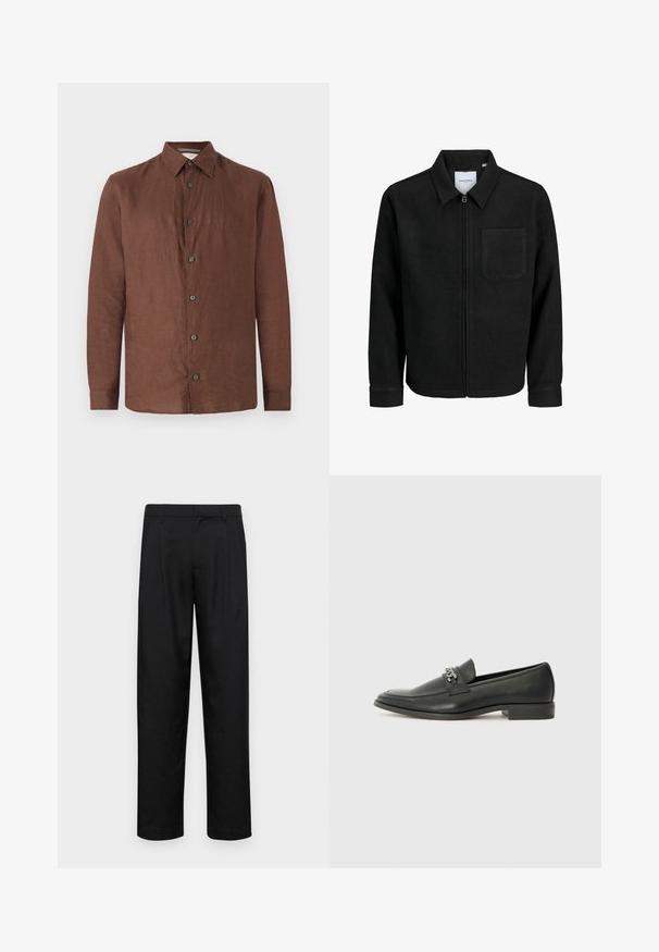 Black zip-up jacket with collar and single chest pocket, displayed on white background.; Brown linen long-sleeve shirt with a button-up front, spread collar, and black buttons. Smooth texture with a slightly wrinkled appearance.; Black trousers made of smooth fabric, featuring a straight-leg design, two front pleats, and standard waistband with belt loops.; Black leather loafer with a smooth finish, featuring a stitched design and a decorative metal chain accent across the vamp. Flat heel.
