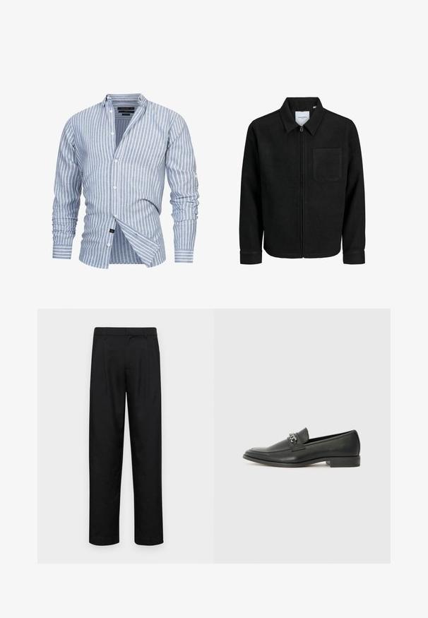 Zwarte zip-up jas met kraag en enkele borstzak, weergegeven op een witte achtergrond.; Lichtblauw gestreept overhemd van stof met verticale witte strepen. Voorzien van een button-down kraag en lange mouwen met knopenmanchetten.; Zwarte broeken van gladde stof, met een recht model, twee voorknikken en een standaard tailleband met riemlussen.; Zwarte leren instapper met een gladde afwerking, voorzien van een gestikt ontwerp en een decoratieve metalen kettingaccent over de wreef. Platte hak.