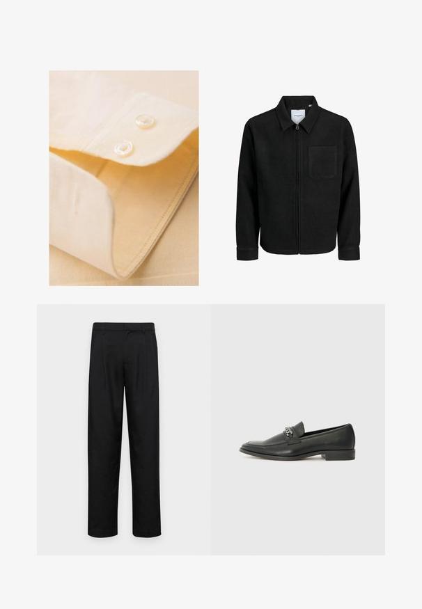 Giacca nera con zip, colletto e una tasca sul petto, mostrata su sfondo bianco.; Colletto di camicia giallo chiaro con due bottoni bianchi, piegato in modo ordinato, con una trama liscia e dettagli di cucitura fine.; Pantaloni neri realizzati in tessuto liscio, caratterizzati da un taglio dritto, due pieghe frontali e una vita standard con passanti per la cintura.; Mocassino in pelle nera con finitura liscia, caratterizzato da un design cucito e da un accento decorativo in catena metallica sul vamp. Tacco piatto.