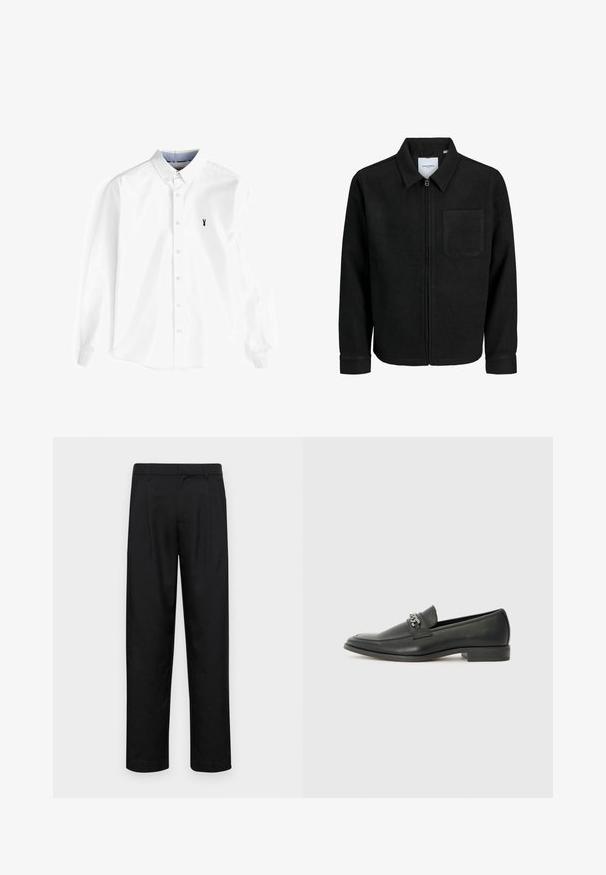 Giacca nera con zip, colletto e una tasca sul petto, mostrata su sfondo bianco.; Camicia bianca a maniche lunghe in cotone, con colletto alla francese, pattina frontale con bottoni e un piccolo logo di un'aragosta blu navy sul petto.; Pantaloni neri realizzati in tessuto liscio, caratterizzati da un taglio dritto, due pieghe frontali e una vita standard con passanti per la cintura.; Mocassino in pelle nera con finitura liscia, caratterizzato da un design cucito e da un accento decorativo in catena metallica sul vamp. Tacco piatto.