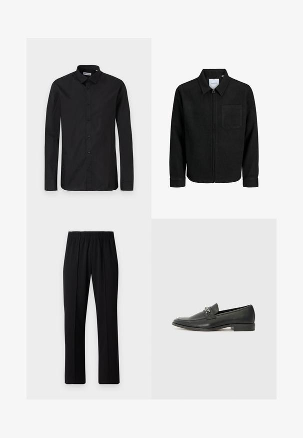 Giacca nera con zip, colletto e una tasca sul petto, mostrata su sfondo bianco.; Camicia nera a maniche lunghe con bottoni, colletto classico, realizzata in tessuto liscio, con bottoni frontali e un design a vestibilità regolare.; Pantaloni neri con vita elasticizzata e design a gamba dritta, caratterizzati da una texture liscia e senza motivi o hardware visibili.; Mocassino in pelle nera con finitura liscia, caratterizzato da un design cucito e da un accento decorativo in catena metallica sul vamp. Tacco piatto.