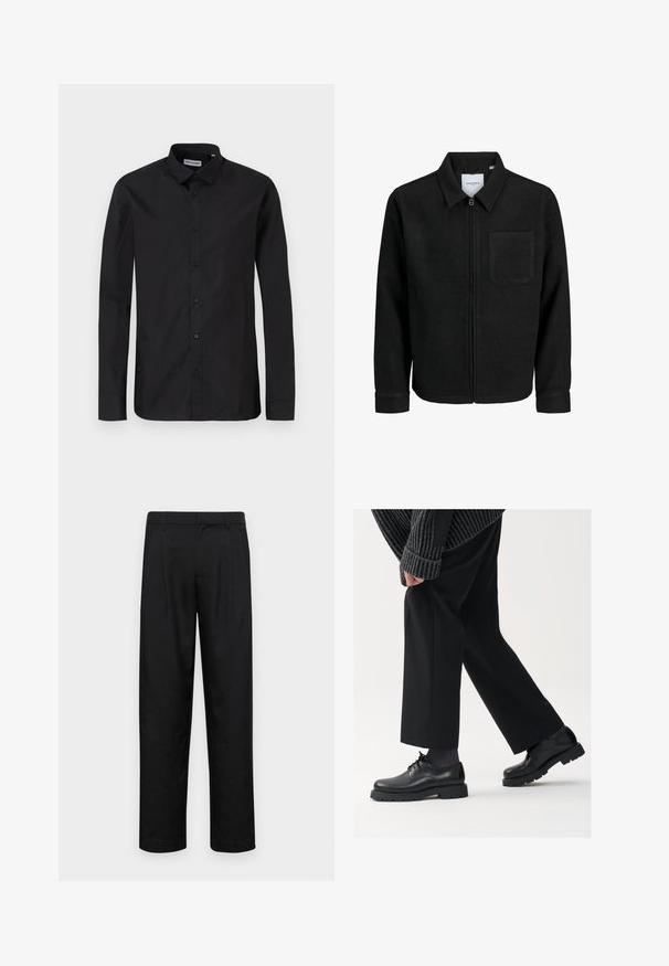 Juodas džemperis su užtrauktuku, apykakle ir vienu krūtiniu kišenėje, pristatytas baltame fone.; Juodas ilgas rankovėmis marškiniai su klasikiniu apykakle, pagaminti iš lygaus audinio, su priekiniais mygtukais ir standartiniu siluetu.; Juodi kelnių modeliai, pagaminti iš lygios medžiagos, turi tiesią kojas, du priekiniai klostės ir standartinę juosmenį su diržo kilpomis.; Juodos odinės kojinės su apvalia nosimi, raištelių dizainu ir storu, tekstūriniu padu. Dėvimos su pritaikytomis juodomis kelnėmis ir liniuotėmis megztiniu.