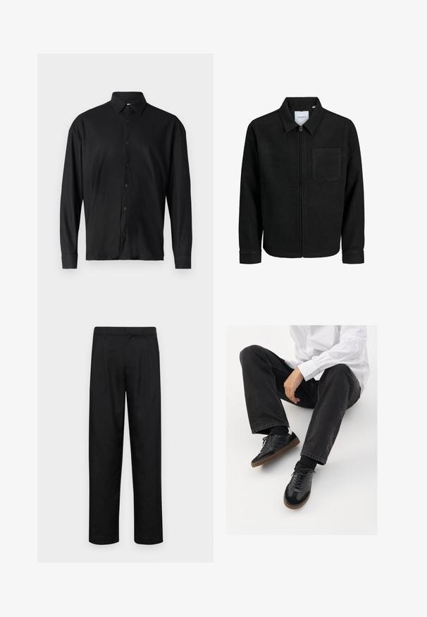 Czarna kurtka z zamkiem na całej długości, z kołnierzem i jedną kieszenią na piersi, umieszczona na białym tle.; Czarna koszula z długim rękawem z prążkowanej tkaniny, z wyprofilowanym kołnierzykiem i zapięciem na guziki z przodu, z dopasowanymi guzikami.; Czarne spodnie wykonane z gładkiego materiału, z prostą nogawką, dwoma fałdami z przodu oraz standardowym paskiem z wypustkami na pasek.; Czarne sneakersy z gładką i textured cholewką, z gumową podeszwą i ciemnymi sznurowadłami. Połączone z czarnymi dżinsami i bluzką w białe paski.