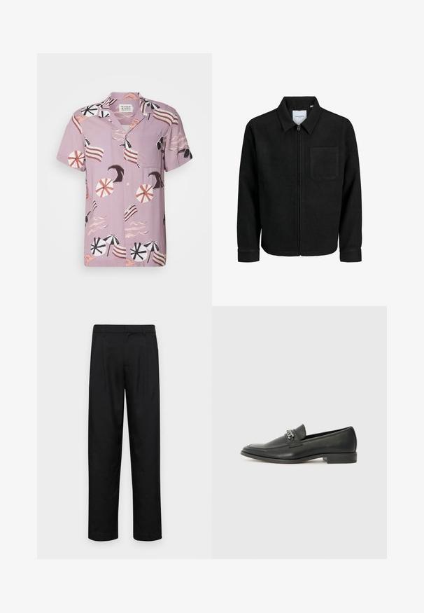 Čierna zipsová bunda s golierom a jednou náprsníkou, vystavená na bielom pozadí.; Krátky rukáv, levanduľová košeľa s plážovým motívom, na ktorej sú zobrazené slnečníky, vlny a pruhované akcenty. Obsahuje náprsné vrecko a zapínanie na gombíky.; Čierne nohavice vyrobené z hladkej tkaniny, s rovnými nohavicami, dvoma prednými skladmi a štandardným pásom s pútkami na opasok.; Čierne kožené loafers s hladkým povrchom, s prešitým dizajnom a dekoratívnym kovovým reťazovým akcentom cez priehlavok. Plochý podpätok.