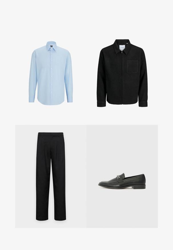 Fekete, zipzáros dzseki gallérral és egyetlen mellzsebbel, fehér háttéren.; Világoskék, hosszú ujjú ing sima anyagból, gombos elülső résszel, hegyes gallérral és normál szabással.; Fekete nadrág sima anyagból, egyenes szárú fazonnal, két elülső redővel és közönséges derékkal, övhurkokkal.; Fekete bőr loaferek sima felülettel, varrott mintával és díszítő fém lánccal a cipő elején. Lapos sarok.