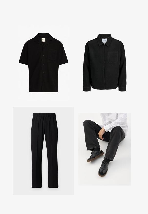Svart zip-jacka med krage och en enda bröstficka, visad på vit bakgrund.; Kortärmad svart skjorta i texturerat tyg, med krage, framknäppning och en enkel bröstficka.; Svart, elastisk midja byxor med raka ben, med en mjuk yta och utan synliga mönster eller metalldetaljer.; Svarta sneakers med en slät och texturerad ovandel, med en gummisula och mörka snören. I kombination med svarta jeans och en vit randig skjorta.