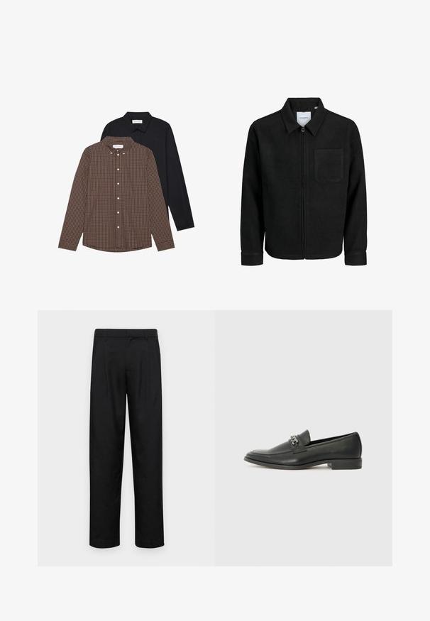 Mustaga lukuga jakker, millel on krae ja üks rinna-tasku, esitatud valgel taustal.; Kaks pikakäistelisi särki: üks pruun ruuduline mustriga koos nööpidega ja teine must ühes toonis. Mõlemal on nööpidega krae ja mansetid.; Mustad mustadest riietest, millel on sirge jalgade disain, kaks eesmist voltimist ja tavaline vöökoht, millel on vöökohad.; Must haveate nahkking punased, millel on sile viimistlus, tikitud muster ja dekoratiivne metallkett vampi üle. Tasane konts.