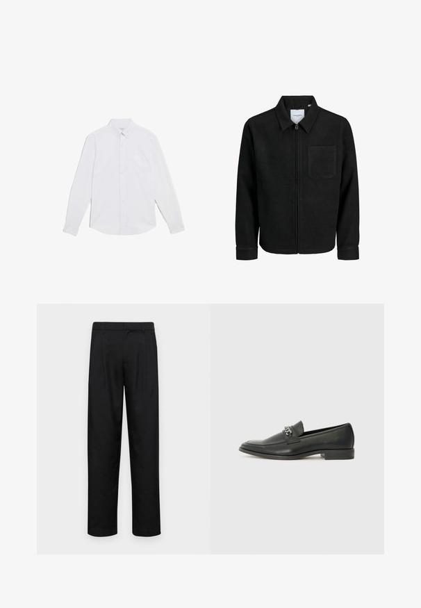 Svart zip-jacka med krage och en enda bröstficka, visad på vit bakgrund.; Vit långärmad skjorta i bomull. Har en knapp-down krage, framknappar och en enstaka bröstficka. Slät textur.; Svarta byxor i slät väv, med rak ben-design, två framfickor och standardmidja med bälteshällor.; Svart läderloafers med en slät yta, med en sydd design och en dekorativ metallkedjeaccent över västen. Platt häldesign.