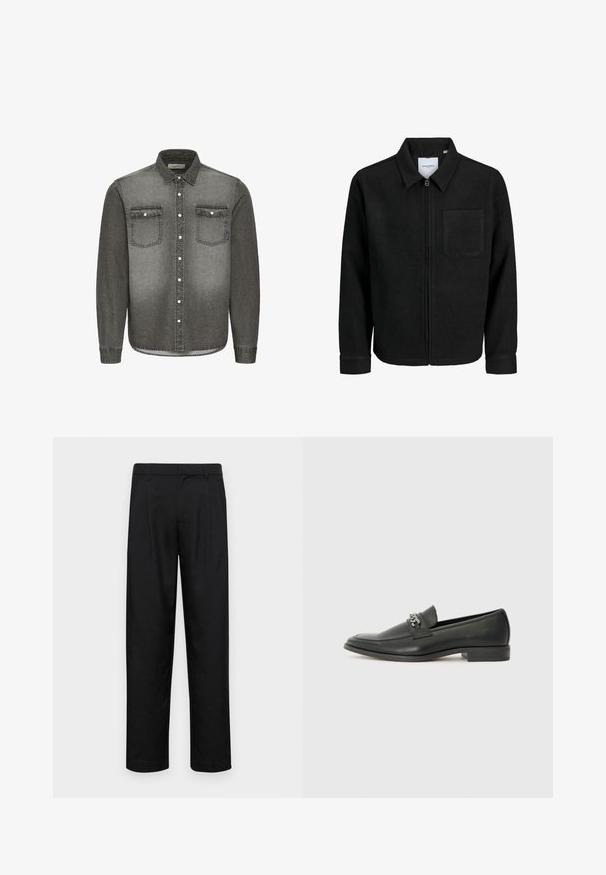 Mustaga lukuga jakker, millel on krae ja üks rinna-tasku, esitatud valgel taustal.; Halli denimipaita, millel on nupuga krae, pikad varrukad, kaks rinna taskut ja hõbedased detailid. Pleekinud gradiente disain.; Mustad mustadest riietest, millel on sirge jalgade disain, kaks eesmist voltimist ja tavaline vöökoht, millel on vöökohad.; Must haveate nahkking punased, millel on sile viimistlus, tikitud muster ja dekoratiivne metallkett vampi üle. Tasane konts.