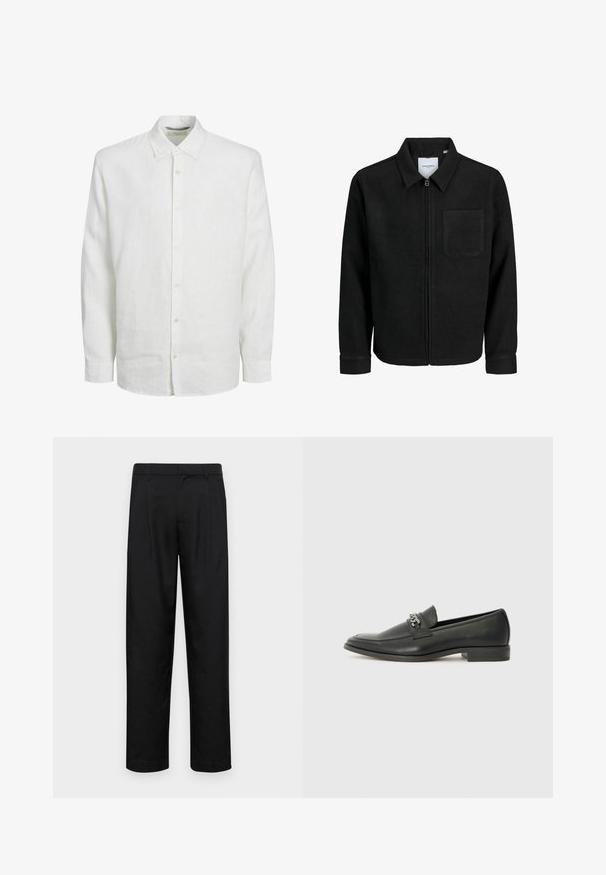 Črna jakna z zadrgo in ovratnikom ter enim žepom na prsih, prikazana na beli podlagi.; Bela dolgozla majica iz lanu, s sprednjim zapenjanjem, klasičnim ovratnikom in subtilno teksturo. Rokavi se končajo na zapestju z gumbi.; Črne hlače iz gladkega materiala, s krojem ravne noge, dvema sprednjima pregiboma in standardnim pasom z zankami za pas.; Črni usnjeni loafer z gladko površino, ki ima šivano zasnovo in dekorativni kovinski verižni naglas preko vampirja. Ravno peto.