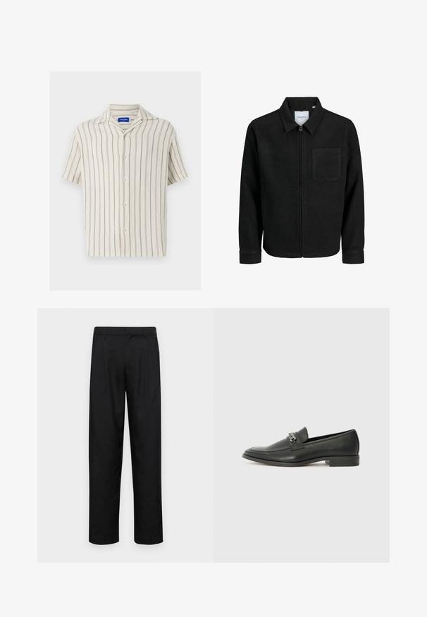 Giacca nera con zip, colletto e una tasca sul petto, mostrata su sfondo bianco.; Camicia a maniche corte color crema con fini righe verticali. Presenta una chiusura frontale con bottoni e un colletto classico, realizzata in tessuto texture.; Pantaloni neri realizzati in tessuto liscio, caratterizzati da un taglio dritto, due pieghe frontali e una vita standard con passanti per la cintura.; Mocassino in pelle nera con finitura liscia, caratterizzato da un design cucito e da un accento decorativo in catena metallica sul vamp. Tacco piatto.