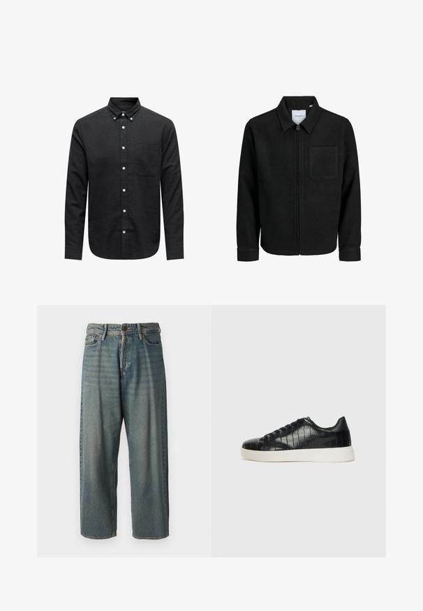 Fekete, zipzáros dzseki gallérral és egyetlen mellzsebbel, fehér háttéren.; Fekete, gombos ing szőtt anyagból, hegyes gallérral, hosszú ujjakkal, mellzsebbel és fehér gombdíszítéssel.; Világoskék farmernadrág, laza fazonnal, közepes derékbőséggel és egyenes szárral. Öt zsebet, övbucskát és gombos záródást tartalmaz.; Fekete sportcipő, amely texturált krokodilbőr felsőrésszel, kerek orral és sima felületű, kontrasztos fehér gumitalppal rendelkezik.