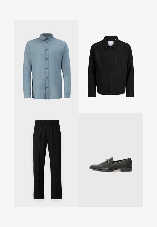 Schwarze Zip-Jacke mit Kragen und einer einzelnen Brusttasche, auf weißem Hintergrund präsentiert.; Himmelblau kariertes Hemd aus Baumwolle mit Button-Down-Kragen, einer einzelnen Brusttasche und langen Ärmeln mit geknöpften Manschetten.; Schwarze, Gummibund-Hosen mit geradem Schnitt, die eine glatte Textur aufweisen und keine sichtbaren Muster oder Beschläge haben.; Schwarzer Lederloafer mit glatter Oberfläche, ausgestattet mit einer gesteppten Gestaltung und einem dekorativen Metallkettendetail über dem Vorderblatt. Flacher Absatz.