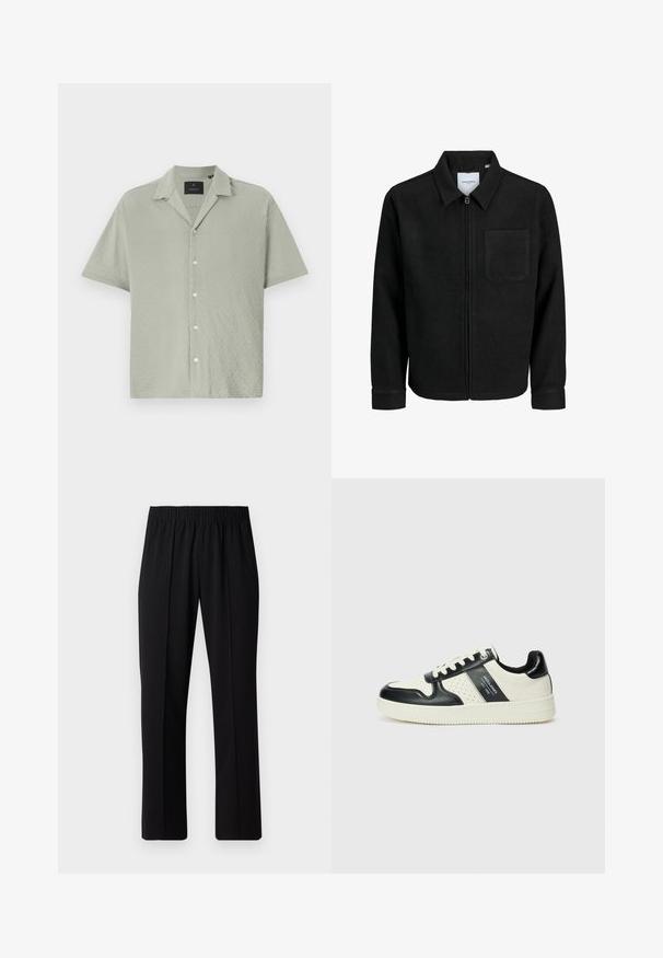 Black zip-up jacket with collar and single chest pocket, displayed on white background.; Short-sleeve button-up shirt in light green, textured fabric with a diamond pattern, featuring a notched collar and front button closure.; Black, elastic-waist trousers with a straight-leg design, featuring a smooth texture and no visible patterns or hardware.; Leather sneakers with a black and cream color scheme, featuring perforated accents, a padded collar, and a textured outsole.