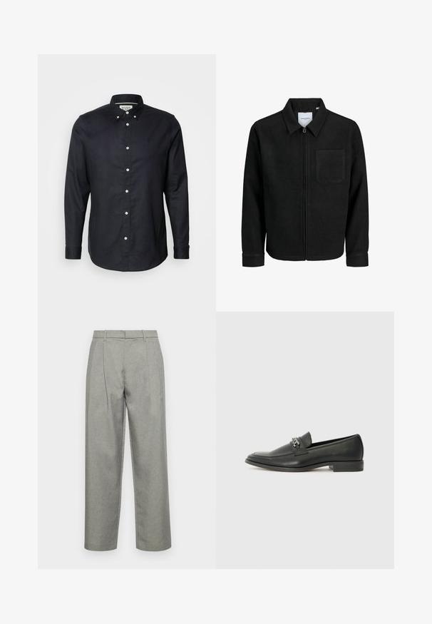 Giacca nera con zip, colletto e una tasca sul petto, mostrata su sfondo bianco.; Scotch & Soda CORE OXFORD SOLID - Camicia - black; Pantaloni grigi su misura realizzati in tessuto testurizzato, con un design a gamba dritta, pieghe frontali e una vita standard con passanti per cintura.; Mocassino in pelle nera con finitura liscia, caratterizzato da un design cucito e da un accento decorativo in catena metallica sul vamp. Tacco piatto.