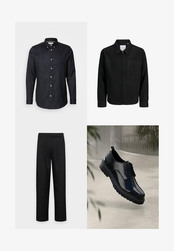 Mustaga lukuga jakker, millel on krae ja üks rinna-tasku, esitatud valgel taustal.; Scotch & Soda CORE OXFORD SOLID - Pluus - black; Mustad mustadest riietest, millel on sirge jalgade disain, kaks eesmist voltimist ja tavaline vöökoht, millel on vöökohad.; Must musta kingad, millel on läikiv pind, ümmargune varvas, nööridega sulgemine, kontrastõmblused ja paks kummist tald, millel on mustrimuster.