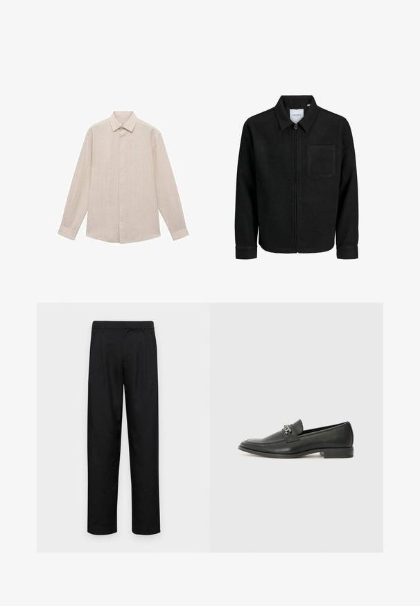 Jachetă neagră cu fermoar, cu guler și un singur buzunar pe piept, expusă pe fundal alb.; Cămașă lungă bej deschis cu guler cu nasturi, cu modele subtile de dungi verticale și o margine dreaptă. Fabricată dintr-un material ușor.; Pantaloni negri dintr-un material neted, cu un design drept, două pliuri frontale și un tiv standard cu bucle pentru curea.; Pantofii negri din piele cu un finisaj neted, având un design cusut și un accent decorativ de lanț metalic peste partea de sus. Toc plat.
