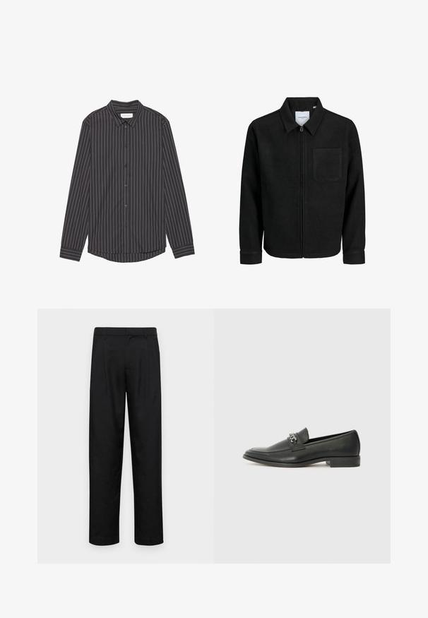 Giacca nera con zip, colletto e una tasca sul petto, mostrata su sfondo bianco.; Maglietta nera a maniche lunghe con strisce verticali bianche, colletto, chiusura anteriore con bottoni e orlo curvo. Realizzata in un tessuto morbido.; Pantaloni neri realizzati in tessuto liscio, caratterizzati da un taglio dritto, due pieghe frontali e una vita standard con passanti per la cintura.; Mocassino in pelle nera con finitura liscia, caratterizzato da un design cucito e da un accento decorativo in catena metallica sul vamp. Tacco piatto.