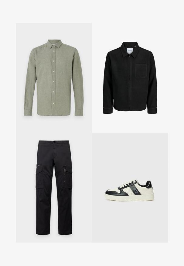 Veste zippée noire avec col et poche poitrine unique, présentée sur fond blanc.; Chemise à manches longues, à col, de couleur vert clair, fabriquée en tissu texturé, dotée d'une fermeture à boutons sur toute la longueur et d'un ourlet droit.; Pantalons cargo noirs avec plusieurs poches, une poche zippée sur la cuisse, coupe droite et tissu en coton résistant avec un léger éclat.; Baskets en cuir avec un schéma de couleurs noir et crème, dotées d'accents perforés, d'un col rembourré et d'une semelle texturée.