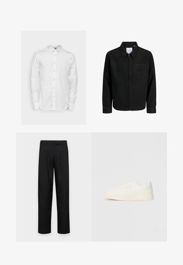 Fekete, zipzáros dzseki gallérral és egyetlen mellzsebbel, fehér háttéren.; Fehér, hosszú ujjú pamut ing klasszikus gallérral, gombos elejével és diszkrét varrási részletekkel.; Fekete nadrág sima anyagból, egyenes szárú fazonnal, két elülső redővel és közönséges derékkal, övhurkokkal.; Fehér slip-on sportcipők texturált felülettel, vastag talppal és minimalista dizájnnal. Az oldalon a márka logója található.