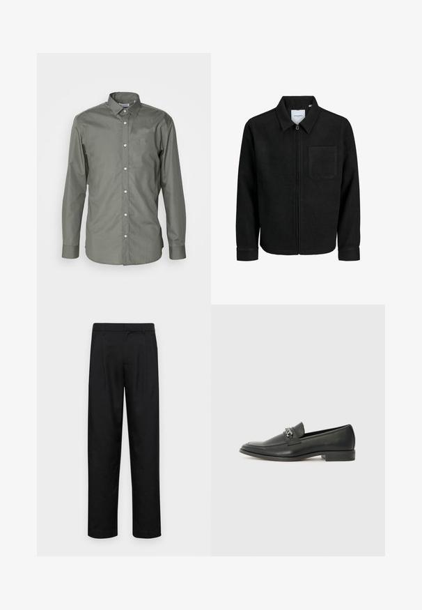 Čierna zipsová bunda s golierom a jednou náprsníkou, vystavená na bielom pozadí.; Pánska košeľa s dlhým rukávom v olivovo zelenej farbe, s gombíkovým zapínaním, rozšíreným golierom a okrúhlymi manžetami s jemnou textúrou.; Čierne nohavice vyrobené z hladkej tkaniny, s rovnými nohavicami, dvoma prednými skladmi a štandardným pásom s pútkami na opasok.; Čierne kožené loafers s hladkým povrchom, s prešitým dizajnom a dekoratívnym kovovým reťazovým akcentom cez priehlavok. Plochý podpätok.