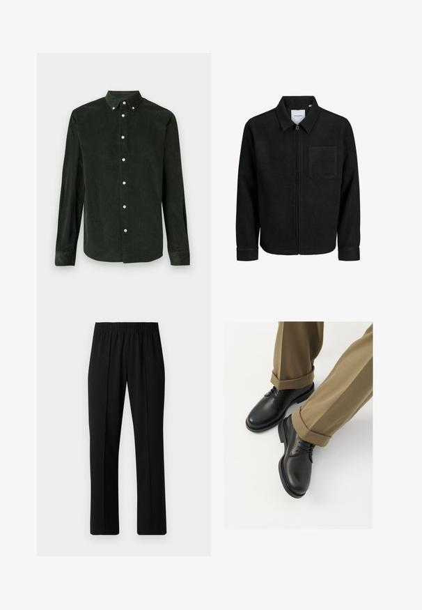 Jachetă neagră cu fermoar, cu guler și un singur buzunar pe piept, expusă pe fundal alb.; Cămașă din catifea de bumbac de culoare verde închis, cu mânecă lungă și guler cu nasturi, pe un fundal alb.; Pantaloni negri cu talie elastică, cu un design cu picioare drepte, având o textură netedă și fără modele sau accesorii vizibile.; Pantofi negri din piele cu un finisaj neted, dotati cu sireturi si varf rotunjit, asortați cu pantaloni kaki rulați.