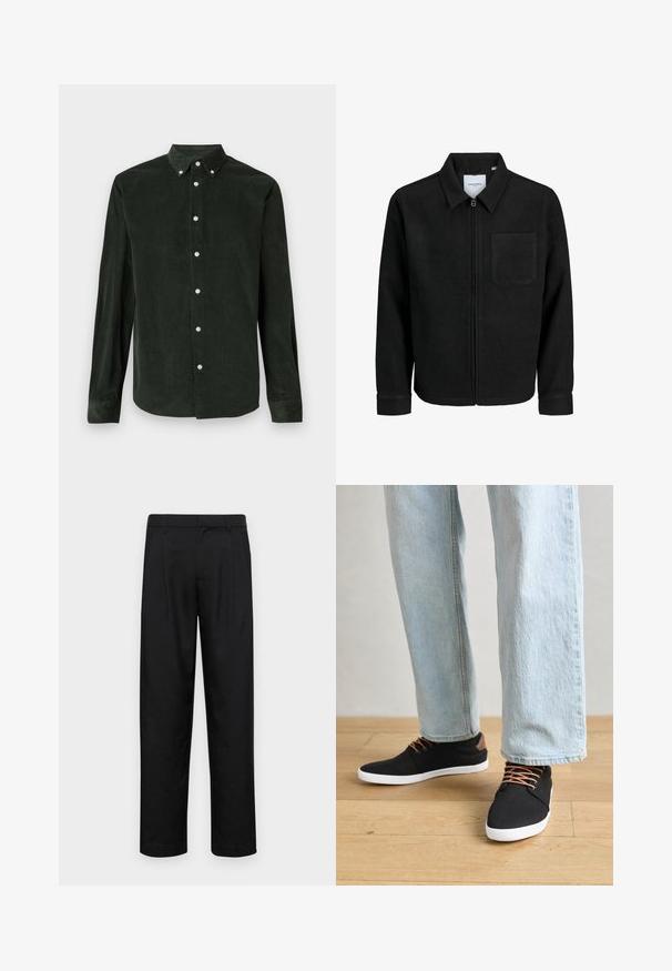 Melna jaka ar rāvējslēdzēju un apkakli, vienu krūšu kabatu, parādīta uz baltas fona.; Tumši zaļš kordūru garām piedurknēm pogājamais krekls ar pogājamām krustām uz balta fona.; Melnas bikses, izgatavotas no gludas auduma, ar taisnu kāju dizainu, divām priekšējām krokām un standarta jostu, kurai ir āķi.; Melnas auduma čības ar brūniem akcentiem, baltām gumijas zolēm un brūnām šņorēm, kombinētas ar gaiši ziliem taisnajiem džinsiem. Koka grīdas fons.