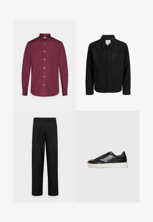 Crna jakna na zip s ovratnikom i jednim džepom na prsima, prikazana na bijeloj pozadini.; Bordo dugorosazni košulja s dugim rukavima od pamuka, s klasičnom kragnom, bijelim gumbima i zaobljenim rubom. Glatka tekstura, krojeni kroj.; Crne hlače od glatkog materijala, s dizajnom ravnih nogavica, dva prednja nabora i standardnim pojasom s petljama za remen.; Crne tenisice s teksturiranom gornjom površinom od kože s uzorkom krokodila, zaobljenim vrhom i kontrastnom bijelom gumenom potplatom s glatkom završnom obradom.