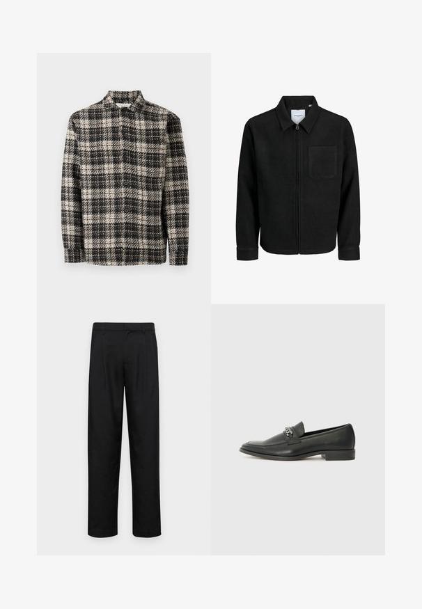 Giacca nera con zip, colletto e una tasca sul petto, mostrata su sfondo bianco.; Giacca a quadri testurizzata in bianco e nero con bottoni, maniche lunghe e colletto, distesa su uno sfondo bianco semplice.; Pantaloni neri realizzati in tessuto liscio, caratterizzati da un taglio dritto, due pieghe frontali e una vita standard con passanti per la cintura.; Mocassino in pelle nera con finitura liscia, caratterizzato da un design cucito e da un accento decorativo in catena metallica sul vamp. Tacco piatto.