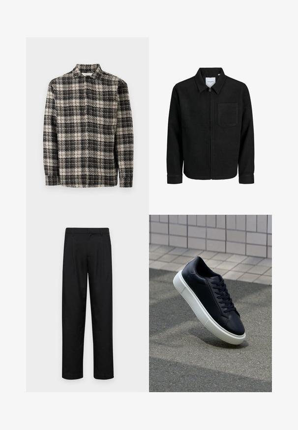 Schwarze Zip-Jacke mit Kragen und einer einzelnen Brusttasche, auf weißem Hintergrund präsentiert.; Schwarz-weiß karierte, strukturierte Jacke mit Knöpfen, langen Ärmeln und Kragen, auf einem weißen Hintergrund flach ausgelegt.; Schwarze Hose aus glattem Stoff, mit geradem Bein Design, zwei vorderen Falten und einem Standardbund mit Gürtelschlaufen.; Schwarze Leder-Sneaker mit runder Zehenpartie und weißer Gummisohle. Verfügt über flache Schnürsenkel und minimale Nähte im Obermaterial. Strukturiertes Sohlenprofil für besseren Halt.