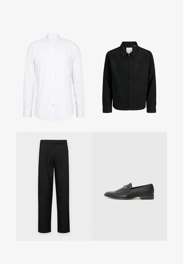 Giacca nera con zip, colletto e una tasca sul petto, mostrata su sfondo bianco.; Camicia bianca a maniche lunghe in cotone. Presenta un colletto, chiusura anteriore con bottoni e polsini con un bottone. Texture liscia, design pulito.; Pantaloni neri realizzati in tessuto liscio, caratterizzati da un taglio dritto, due pieghe frontali e una vita standard con passanti per la cintura.; Mocassino in pelle nera con finitura liscia, caratterizzato da un design cucito e da un accento decorativo in catena metallica sul vamp. Tacco piatto.