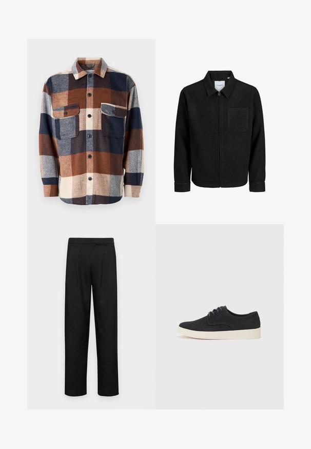 Melna jaka ar rāvējslēdzēju un apkakli, vienu krūšu kabatu, parādīta uz baltas fona.; Raibumainās flaneles krekls brūnā, jūras zilā un krēmkrāsā. Iezīmes pogājams priekšpats, divas krūšu kabatas un plaša apkakle. Mīksta tekstūra.; Melnas bikses, izgatavotas no gludas auduma, ar taisnu kāju dizainu, divām priekšējām krokām un standarta jostu, kurai ir āķi.; Melna zamšā ar auklēm, ar noapaļotu purngalu, viegla krēmkrāsas zole un smalki zila šuvēšana akcentos augšējā daļā.