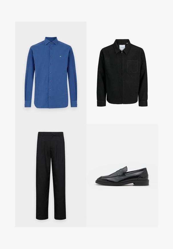 Giacca nera con zip, colletto e una tasca sul petto, mostrata su sfondo bianco.; Camicia blu a maniche lunghe in cotone, con chiusura a bottoni, colletto classico e logo ricamato discreto sul petto.; Pantaloni neri realizzati in tessuto liscio, caratterizzati da un taglio dritto, due pieghe frontali e una vita standard con passanti per la cintura.; Mocassini in pelle nera con finitura liscia, caratterizzati da una punta tonda e una fascia stretta sulla parte superiore. Tacco basso impilato.