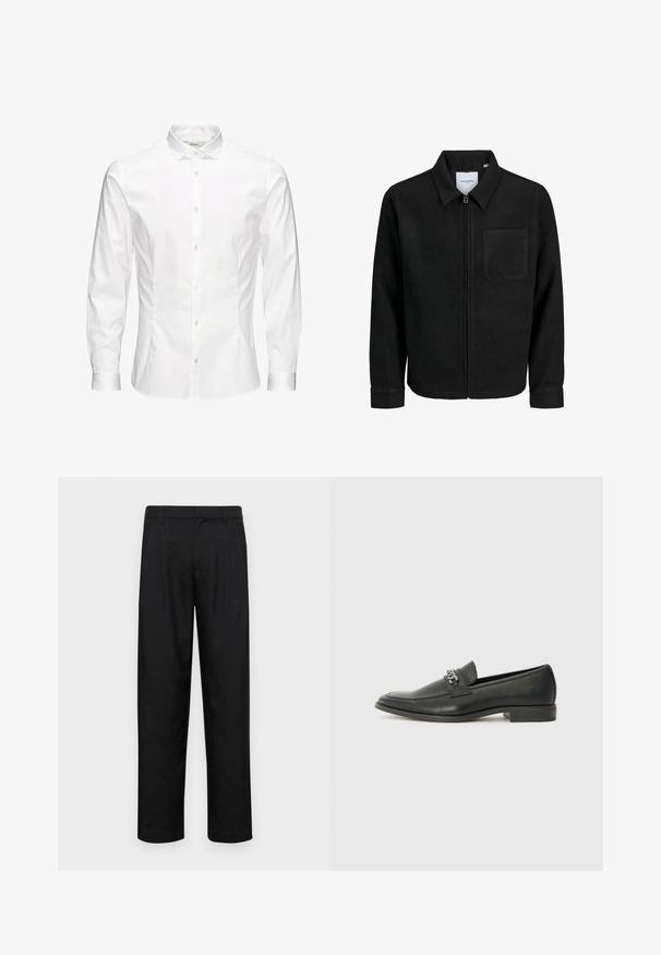 Zwarte zip-up jas met kraag en enkele borstzak, weergegeven op een witte achtergrond.; Witte langesleeve overhemd met knopen, gemaakt van een gladde stof. Kenmerkt zich door een klassieke kraag, voor knopen en manchetten met één knoop. Slim fit ontwerp.; Zwarte broeken van gladde stof, met een recht model, twee voorknikken en een standaard tailleband met riemlussen.; Zwarte leren instapper met een gladde afwerking, voorzien van een gestikt ontwerp en een decoratieve metalen kettingaccent over de wreef. Platte hak.