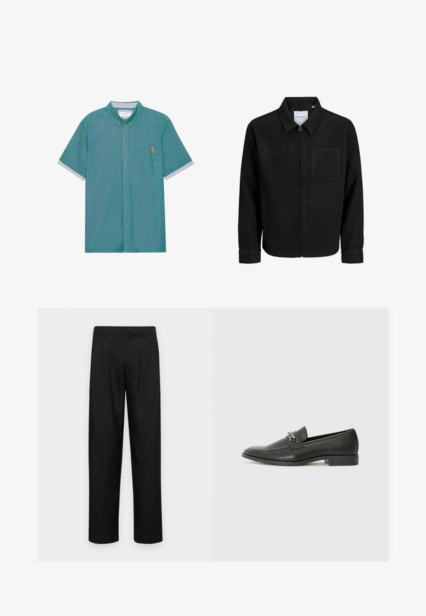 Czarna kurtka z zamkiem na całej długości, z kołnierzem i jedną kieszenią na piersi, umieszczona na białym tle.; Koszula z krótkim rękawem, zapinana na guziki, w tealowym kolorze, z kieszenią na piersi i kontrastującymi jasnoszarymi mankietami, z subtelną fakturą i brązową metką.; Czarne spodnie wykonane z gładkiego materiału, z prostą nogawką, dwoma fałdami z przodu oraz standardowym paskiem z wypustkami na pasek.; Czarne skórzane mokasyny o gładkim wykończeniu, z haftowanym wzorem i dekoracyjnym akcentem z metalowego łańcucha na wierzchu. Płaska pięta.