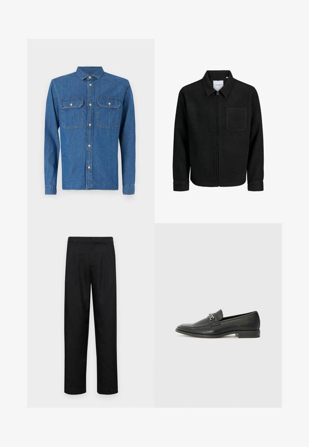 Giacca nera con zip, colletto e una tasca sul petto, mostrata su sfondo bianco.; Camicia in denim blu scuro, maniche lunghe con polsini abbottonati, colletto a punta, due tasche anteriori e chiusura frontale con bottoni in ottone.; Pantaloni neri realizzati in tessuto liscio, caratterizzati da un taglio dritto, due pieghe frontali e una vita standard con passanti per la cintura.; Mocassino in pelle nera con finitura liscia, caratterizzato da un design cucito e da un accento decorativo in catena metallica sul vamp. Tacco piatto.